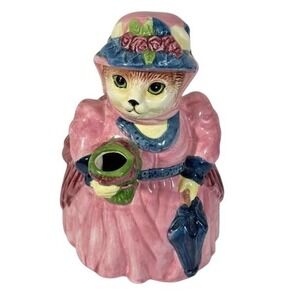 Vintage Ceramic Cat Teapot Victorian Pink & Blue Dress With Bustle 8 Inch‎ Tall